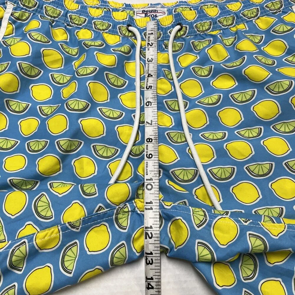 Beach Bros Swim Trunks Mens XL Blue Lemon &‎ Lime Print Bathing Suit Mesh Lined